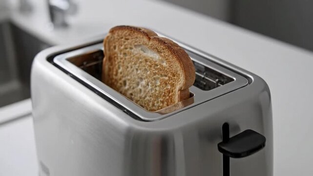A shiny silver toaster with a slice of bread poised to toast.