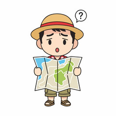 Obraz premium Confused tourist character wearing a straw hat looking at a folded paper map with a question mark above his head.