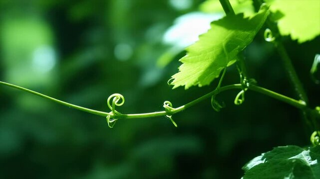 Close-up of vine tendrils and leaves, with bokeh background