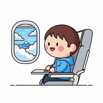 Happy passenger wearing a blue hoodie sits comfortably in an airplane seat looking out the small window at clouds and a distant mountain.