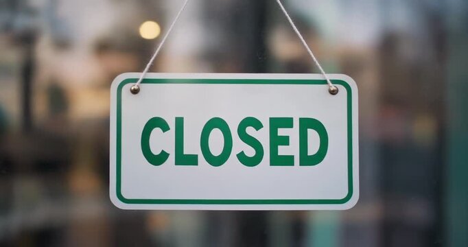 Closed sign hanging on glass window, white sign with green CLOSED text, metallic grommets and string hanging, bokeh background blur, business closed concept