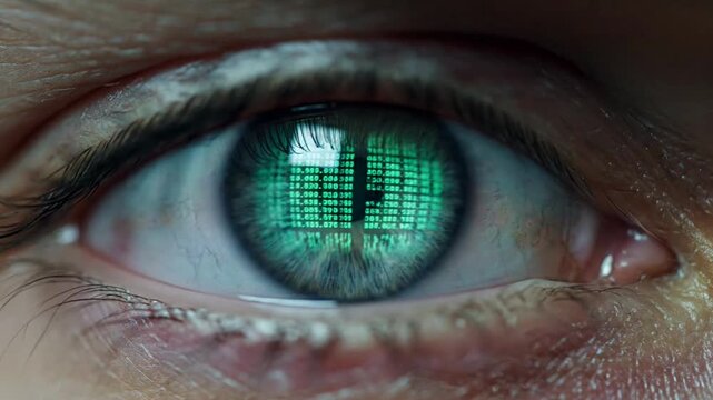 A close-up of an eye reflecting green digital data and numbers.