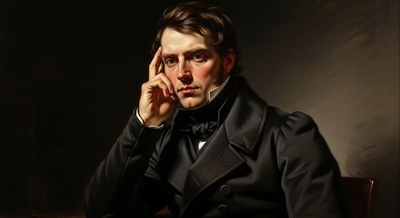 Fototapeta premium Classical Oil Portrait of a Pensive 19th Century Gentleman in Formal Attire, Deep in Thought and Contemplation