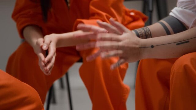 Side view tilt down shot of tattooed young woman as female inmate speaking during support group meeting at correctional facility with focus flowing from face to hands gesturing, copy space