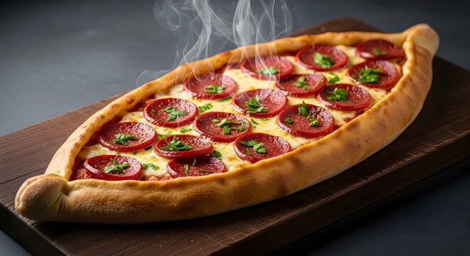 Hot Pide or Turkish Pizza with Pepperoni, Mozzarella, and Rising Steam
