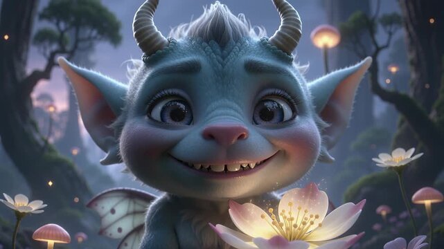 Adorable fantasy creature with wings and glowing flower smiling in magical forest at twilight. Concept of enchanted world, cute magical being, fairy tale atmosphere