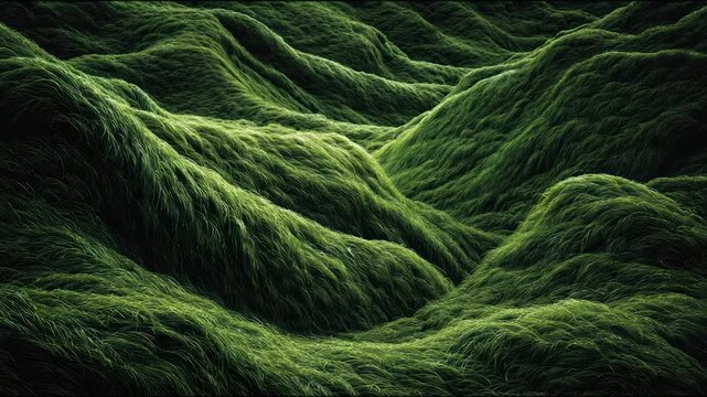 Verdant, undulating terrain comprised of dense, flowing, grassy texture