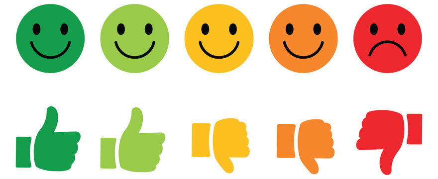 Customer feedback rating vector icon set with emoji faces and hand gestures, showing satisfaction from happy thumbs up to sad thumbs down, ideal for apps, websites