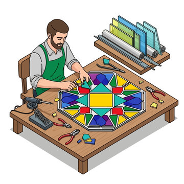Man crafting stained glass artwork with various colored pieces.