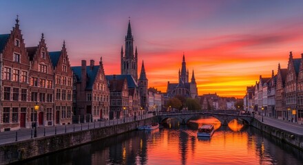 Fototapeta premium Gent, Belgium - A picturesque cityscape at sunset over the canal.