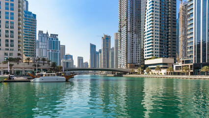 Naklejka premium Dubai Marina skyline with modern skyscrapers and water canal