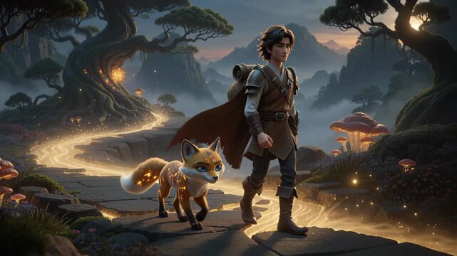 Young man and a magical fox walking a glowing path through an enchanted forest with glowing mushrooms, 3d cartoon animation