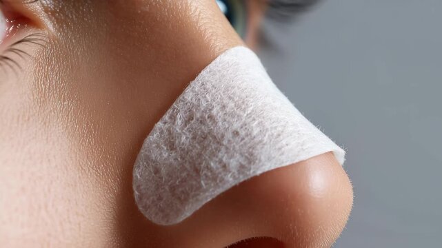 Closeup of woman wearing white pore strip on nose bridge, skincare treatment for blackhead removal and deep cleansing routine concept