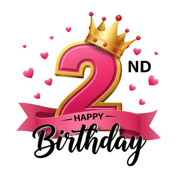 Happy 2nd Birthday graphic featuring a golden crown on a large pink number '2', ribbon, and hearts, celebrating a child's milestone.