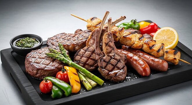 Sizzling grilled meats and vegetables served on a black stone slab with herbs and lemon