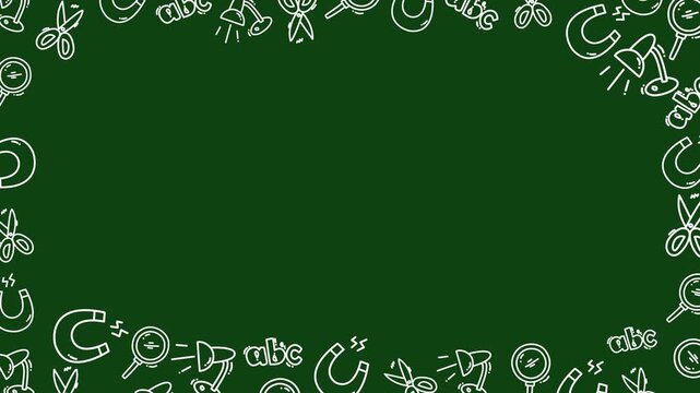 education doodle Seamless pattern with hand drawn sketches of green chalkboard, lamps, alphabet, and magnifying glasses. for learning media and social media.