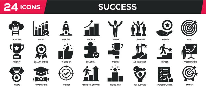 Success solid icons collection. Perfect pixel on transparent background. Vector illustration