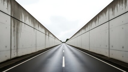 Obraz premium A long straight road with concrete walls on both sides stretching into the distance under a gray sky