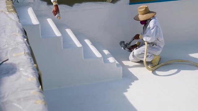 Painting crew spraying painting the floor and pool white