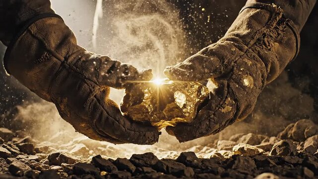 Miner hands holding large gold nugget, dust flying, close-up, wealth concept
