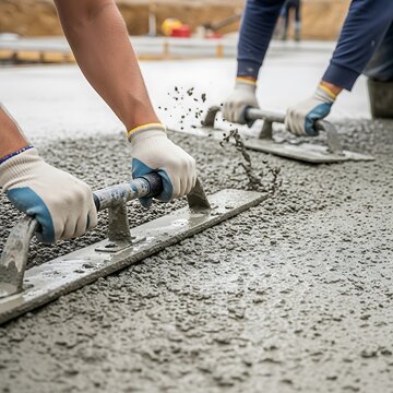Concrete finishers leveling surface with screed during construction site