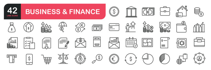 Set of line icons related to finance, money, banking, wallet, tax, economy. Outline icons collection. Editable stroke. Vector illustration