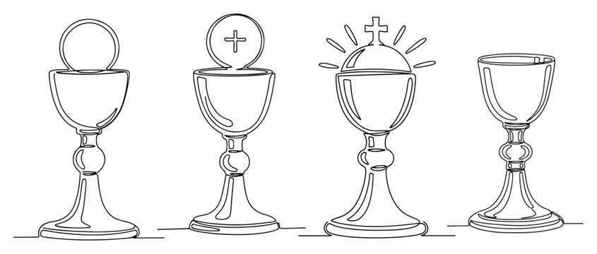 Set of holy communion chalices and religious goblets in continuous line art style