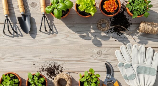 Gardening tools, potted plants, and soil arranged on a wooden table. Spring planting, home garden, and horticulture concept for copy space.