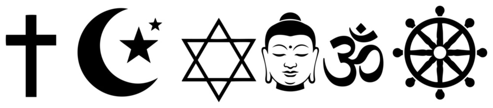 Collection of world religion symbols including cross crescent star and dharma wheel in black silhouette style