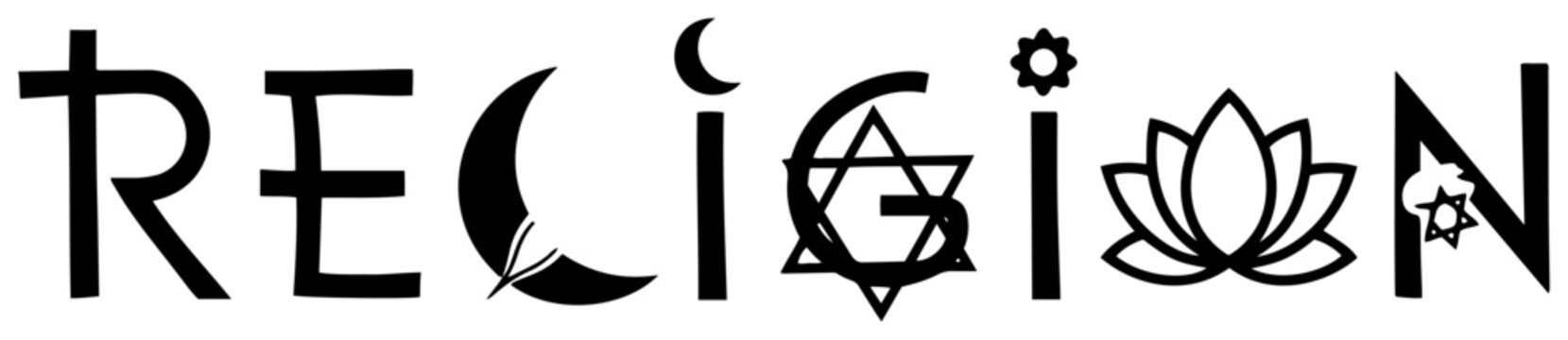 Creative typography design for the word religion using various world faith symbols
