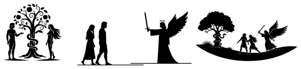 Biblical silhouettes of Adam and Eve and the expulsion from the Garden of Eden by an angel