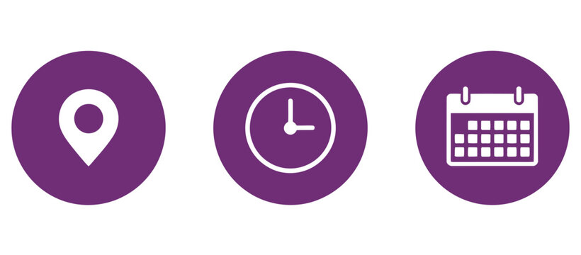 Date, time, and location vector icons, featuring calendar, clock, and map pin symbols, ideal for scheduling apps, office time tracking