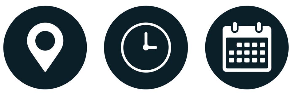 Date time and location icon set, including calendar, clock, and location pin symbols, vector illustrations perfect for business schedules, office planning,