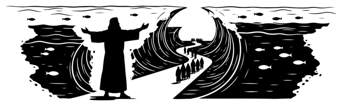 Silhouette illustration of Moses parting the Red Sea for people to cross on dry land