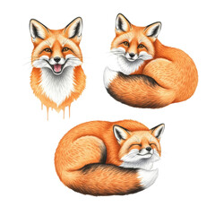 Fototapeta premium Three detailed, stylized watercolor illustrations of vibrant red foxes (smiling, curious, sleeping poses) isolated on a transparent background with subtle paper texture. Concept of charming wildlife