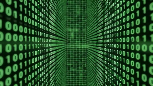 A video showcasing a futuristic digital tunnel of green binary code streaming rapidly through a cyberpunk-like environment