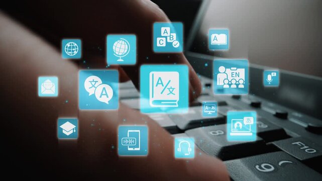 Translation icons show international languages, interpretation, and communication. Translation helps global business, translation supports learning, and translation improves cultural exchange. Funnel