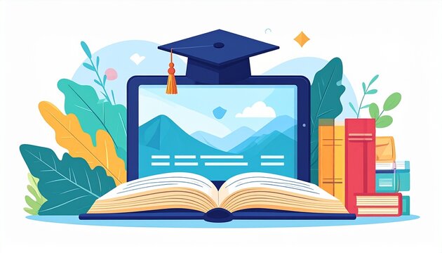 本とタブレットを使ったオンライン学習のフラットベクターイラスト