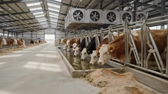 Modern dairy farm with cows eating and drinking in clean stalls with fans