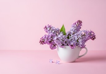 Obraz premium Purple lilac flowers arranged aesthetically in a white mug on a pastel pink background, spring bloom concept for Mothers Day.
