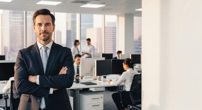 Confident businessman stands with arms crossed in a modern office environment with colleagues working in background