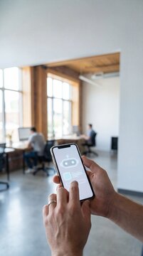 AI assistant interface on smartphone in modern office with copy space, vertical