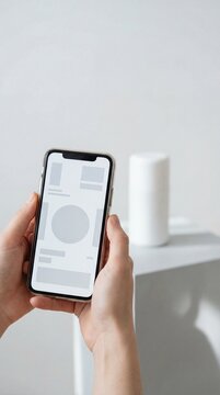  Hands holding smartphone with generic camera UI filming product on pedestal