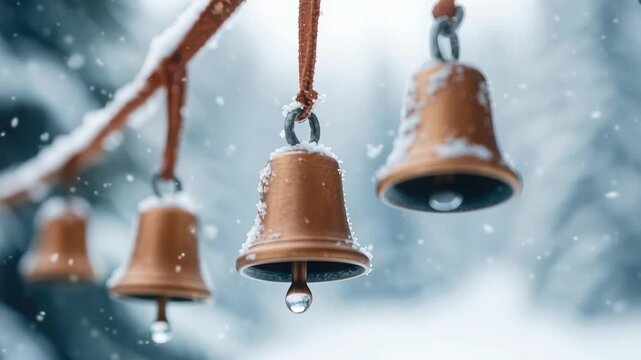 Gently swinging bells in a snowy winter forest with falling snowflakes
