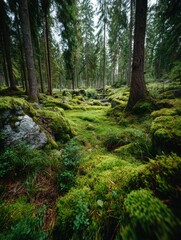 Obraz premium A dense coniferous forest features moss-covered ground and fallen leaves illuminated by an overcast sky.