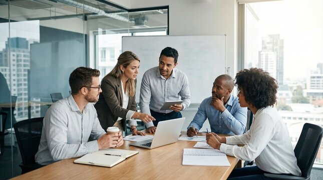 Diverse business team collaborates around a table with laptops and documents