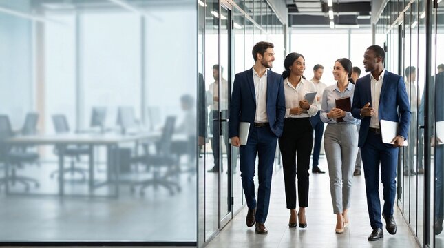 Diverse group of professionals walking and talking in a modern office hallway with glass walls