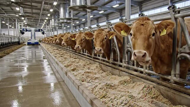 Modern Farm Barn with Row of Brown Cows Eating Feed