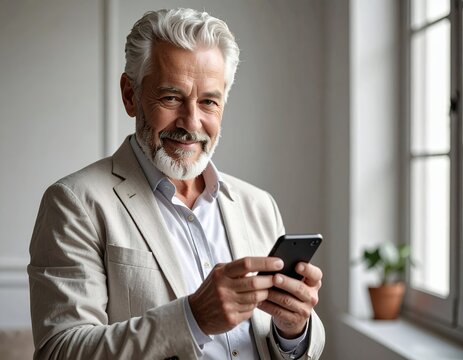 Happy Senior Man Using Smartphone at Home.