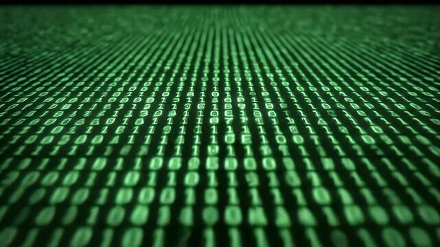 A video showcasing a green matrix of binary code on a digital screen